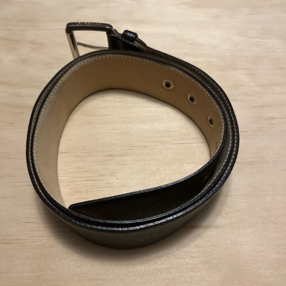 Longchamp Black Pebbled Leather Belt Silver Buckle Logo Detail